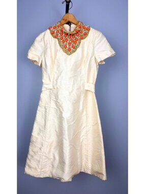Vintage 1960's Cream Silk Turquoise Coral Beaded Cocktail Dress Size XS